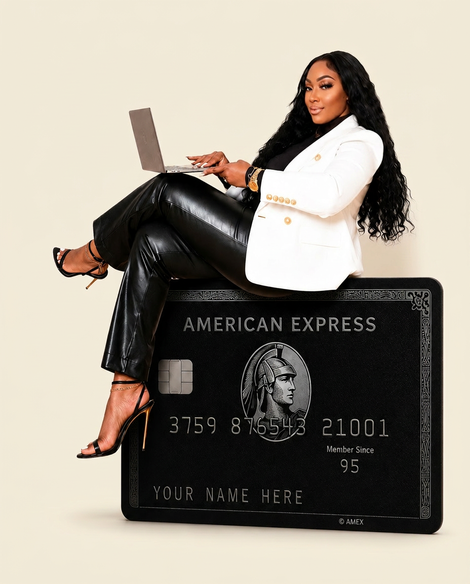 Brittany Ellis seated on an oversized American Express Black Card